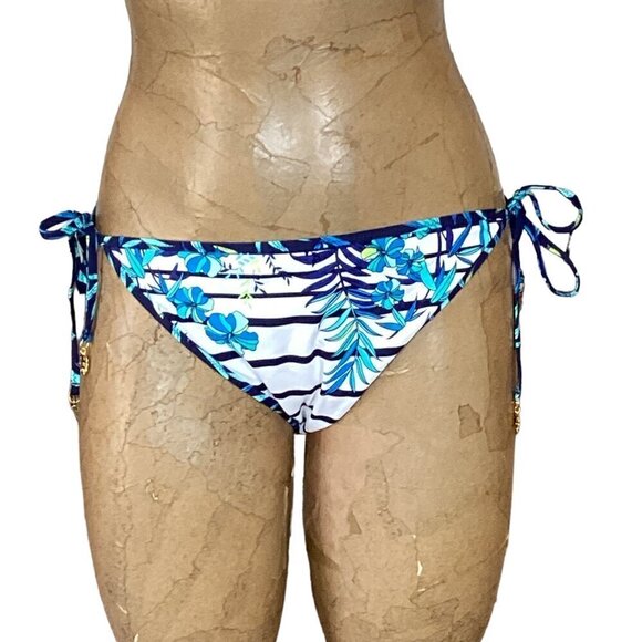 Aerie High Neck Halter Top L & Reversible String Bikini Bottom Blue White 291C - Picture 5 of 13